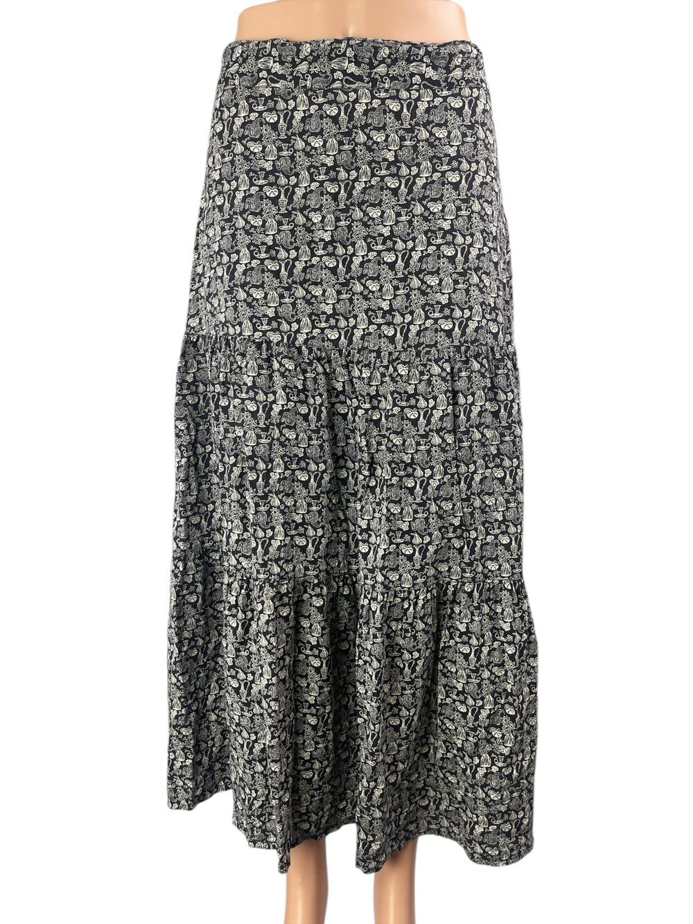 FRNCH Womens Black White Doodle High Waist Tiered Maxi Boho A-Line Flare Skirt S